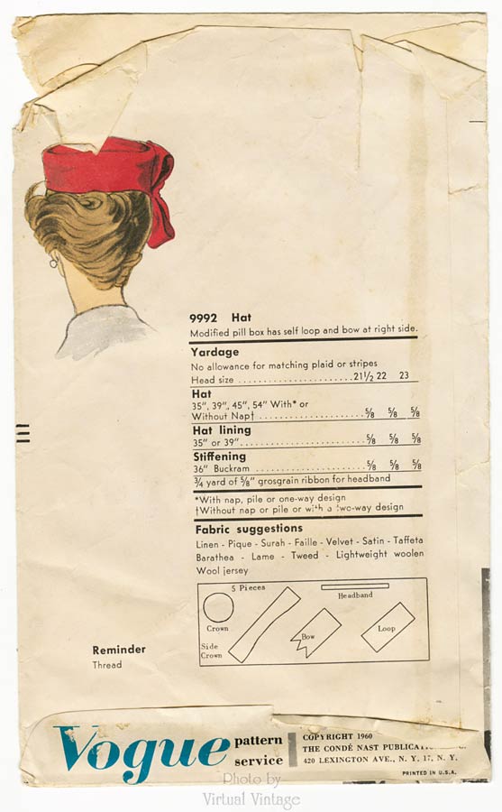 Vogue 9992, Sally Victor Pillbox Hat Pattern, Head Size 22, Fascinator Hat