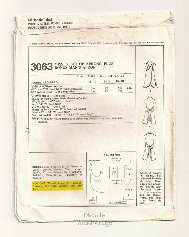 Easy Vinyl Apron Pattern, McCalls 3063, Mens & Womens Aprons, Large or One Size