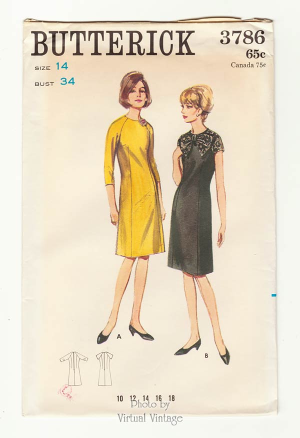 1960s A Line Bow Dress Pattern, Butterick 3786, Easy Sewing Patterns, Bust 34, Uncut