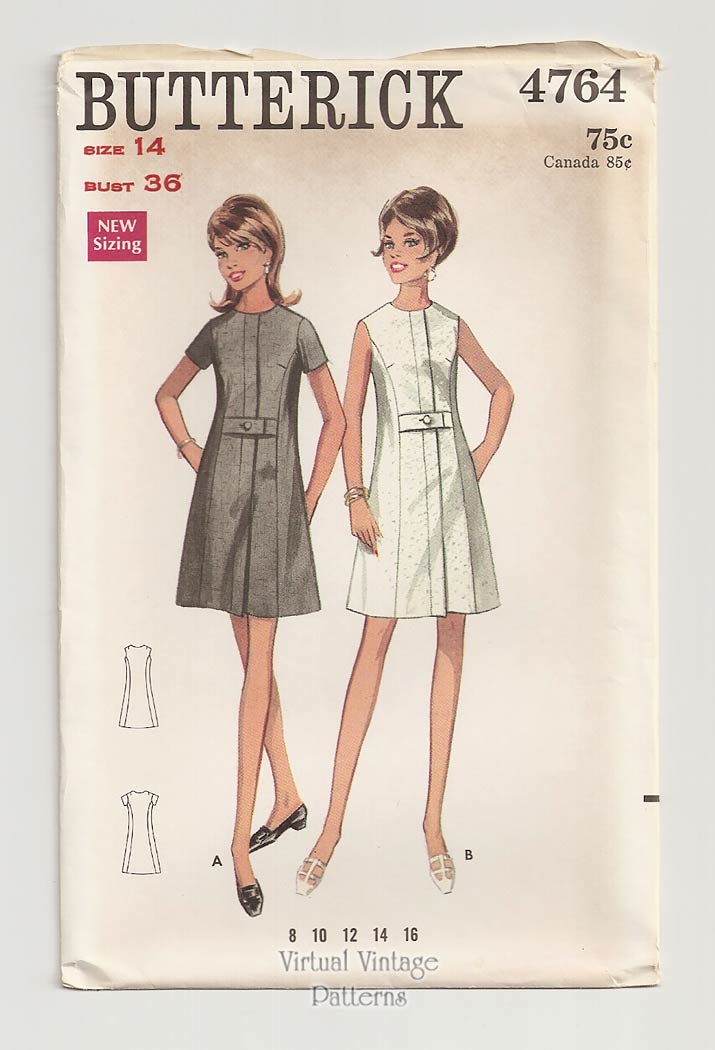 60s Womens A Line Dress Pattern Butterick 4764 Vintage Sewing Patterns, Bust 36, Uncut