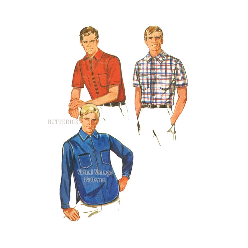 Mens Vintage Sport Shirt Pattern, Butterick 5075, Pullover Shirts, Chest 38