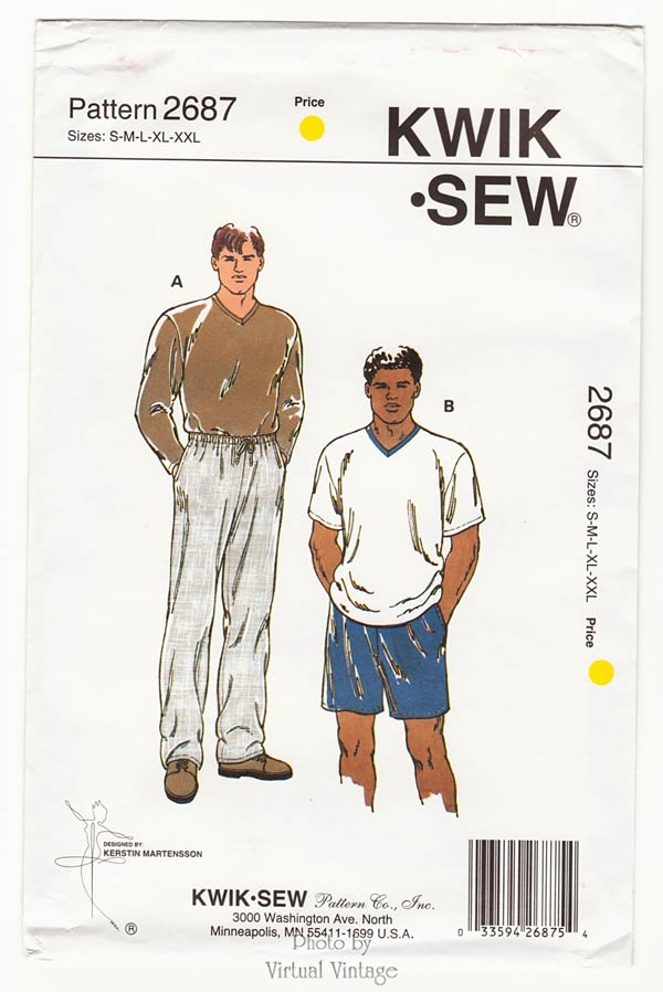 Mens Clothing Patterns, Kwik Sew 2687, Mens T-Shirts, Shorts & Pants, S M L XL XXL, Uncut