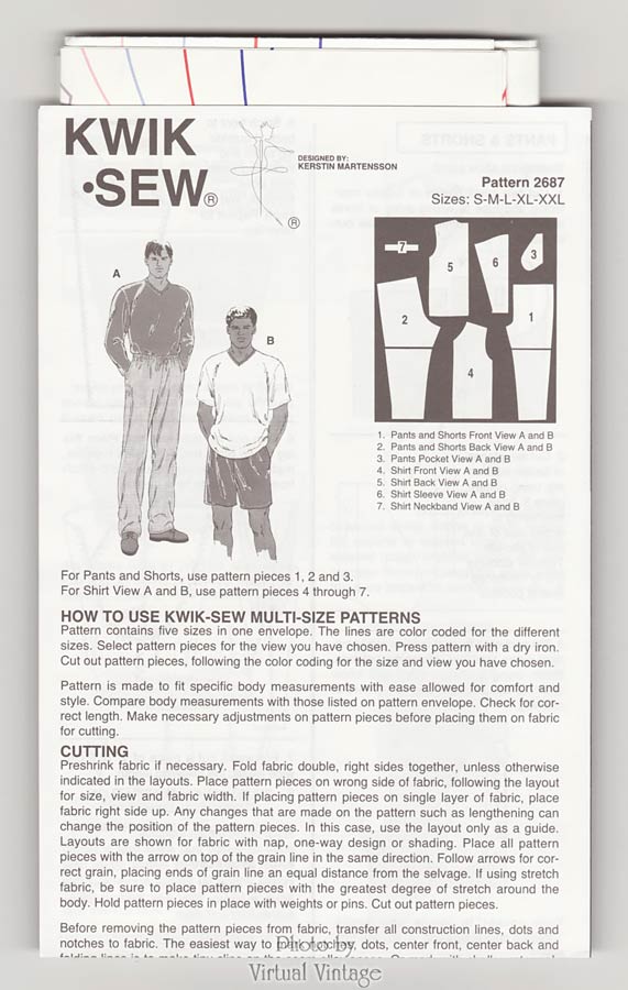 Mens Clothing Patterns, Kwik Sew 2687, Mens T-Shirts, Shorts & Pants, S M L XL XXL, Uncut