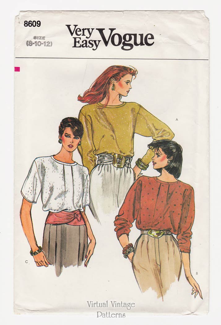 Easy Blouse Patterns Vogue 8609, Loose-fitting Pullover Tops Size 8 10 12, Uncut