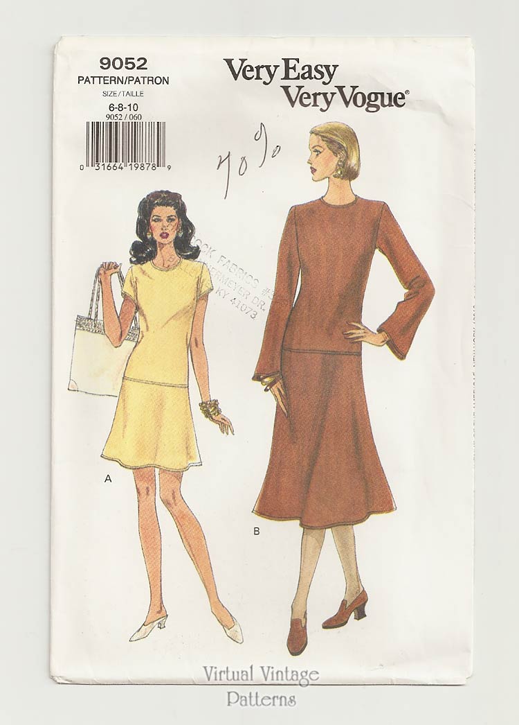 Drop Waist Midi Dress Pattern, Very Easy Very Vogue 9052, Sizes 6 8 10, Uncut