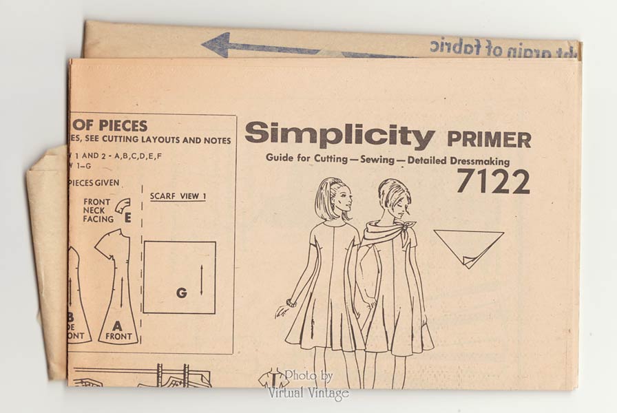 60s Flare Dress Pattern with Scarf, Simplicity 7122, Mod Dress Sewing Pattern, Uncut