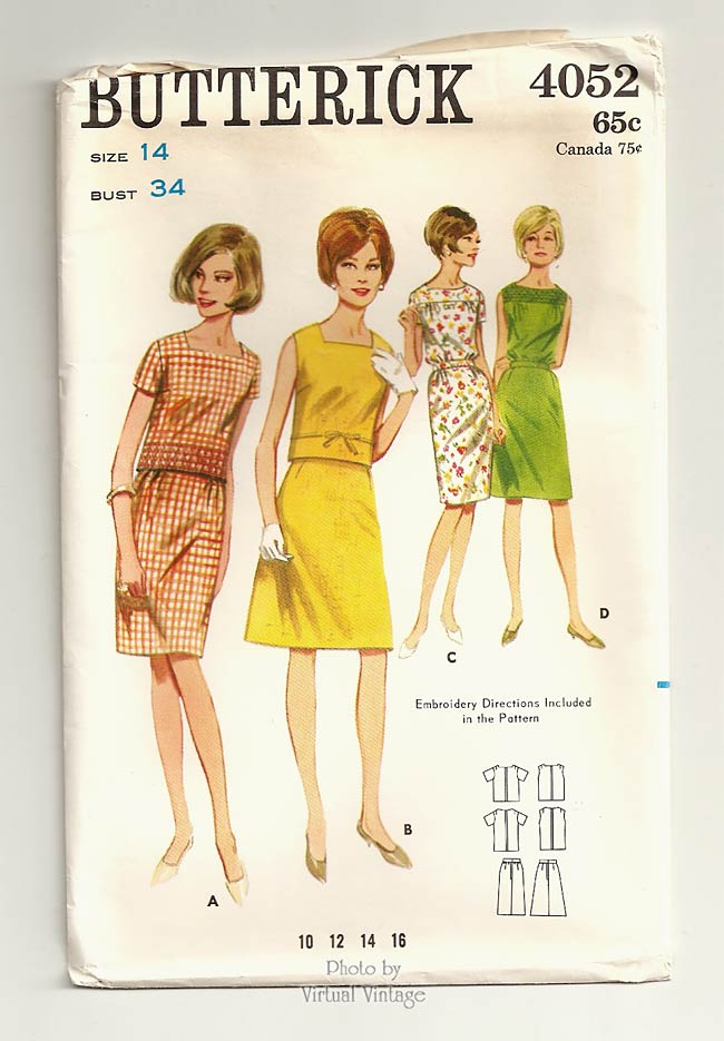 60s Two Piece Dress Pattern, Butterick 4052, Sleeveless Blouse & Skirt, Bust 34, Uncut