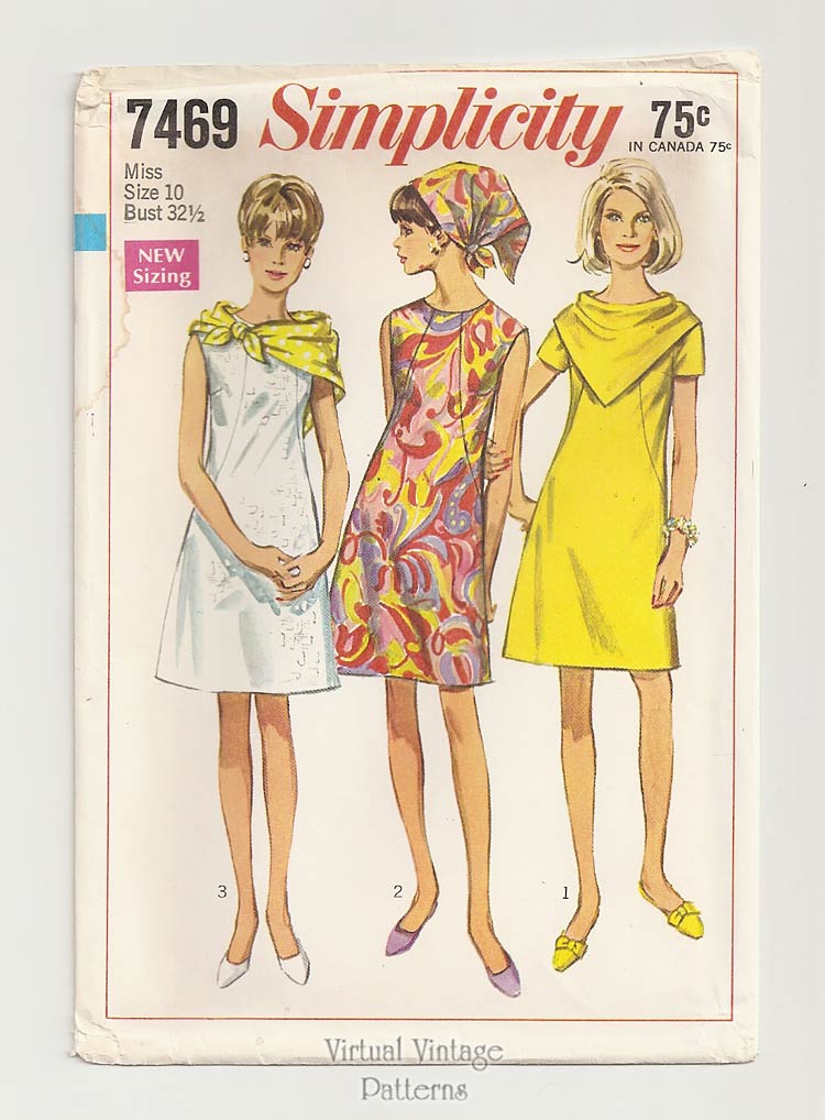 60s Mod Shift Dress Pattern, Simplicity 7469, Dress & Silk Scarf Patterns, Uncut