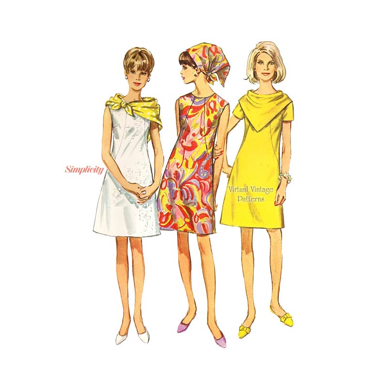 60s Mod Shift Dress Pattern, Simplicity 7469, Dress & Silk Scarf Patterns, Uncut