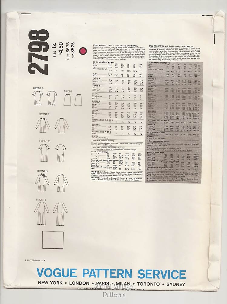 1980s Dress Patterns, Vogue Basic Design 2798, Tunic, Skirt, Dress & Shawl, Bust 36, Uncut