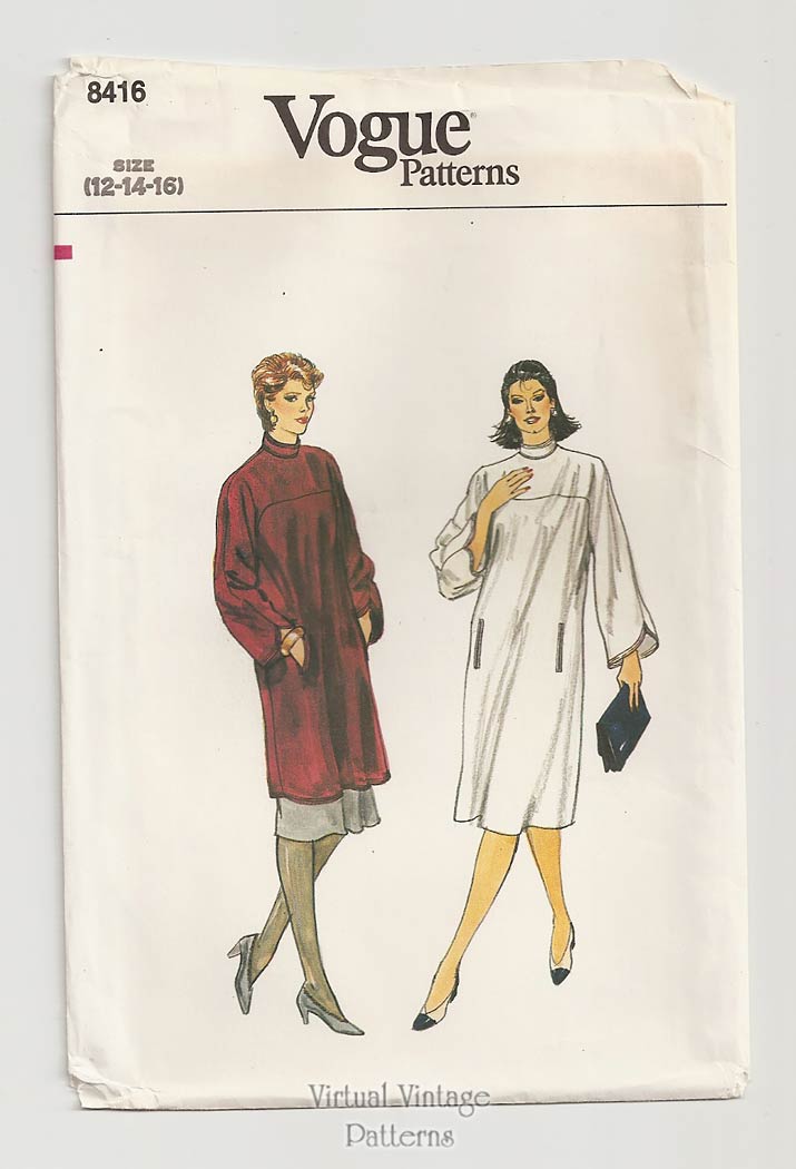 Tunic Dress Pattern, Vogue 8416, Pullover Dress or Tunic Top & Skirt, Size 12 14 16, Uncut
