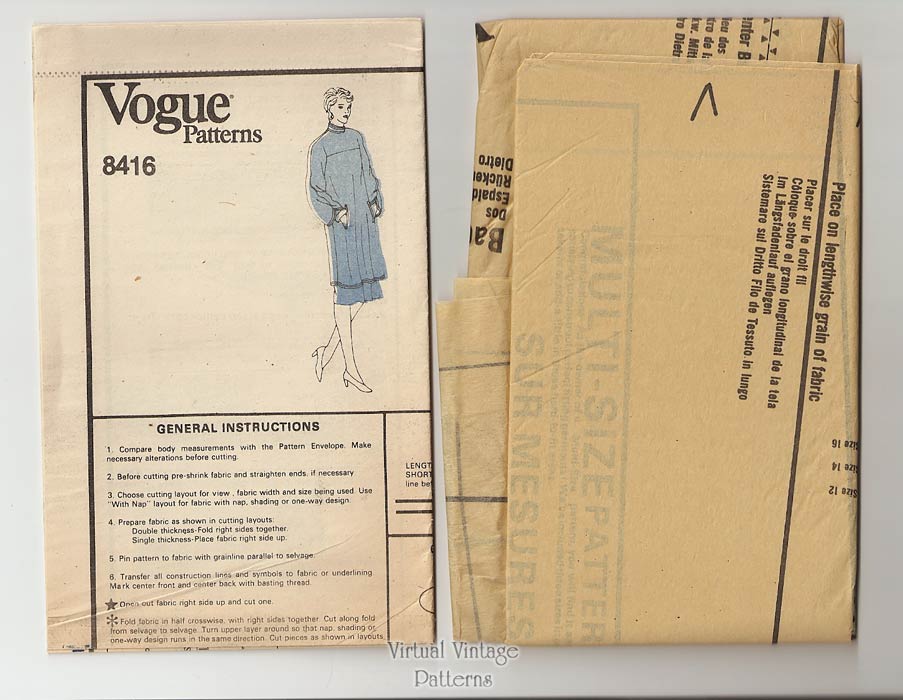 Tunic Dress Pattern, Vogue 8416, Pullover Dress or Tunic Top & Skirt, Size 12 14 16, Uncut