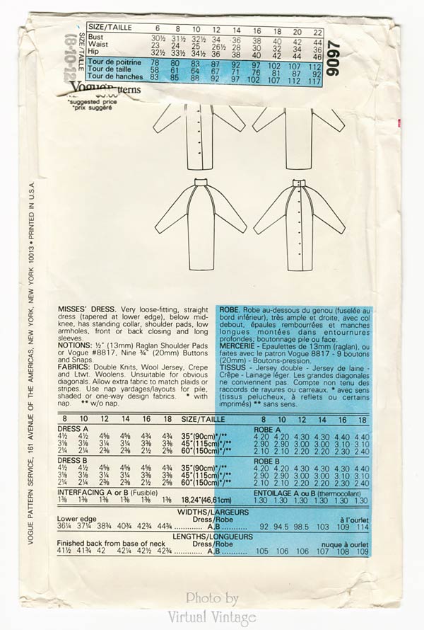 80s Sack Dress Pattern Very Easy Vogue 9097, Vintage Sewing Patterns, Sizes 8 10 12 Uncut