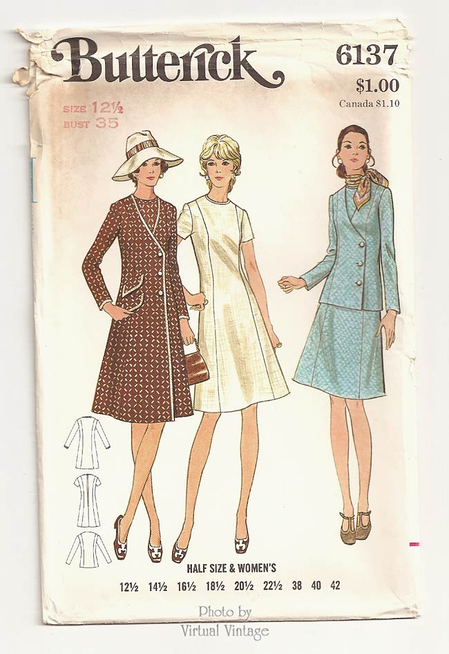 Princess Seam Coat & Dress Patterns, Butterick 6137, Bust 35, Uncut