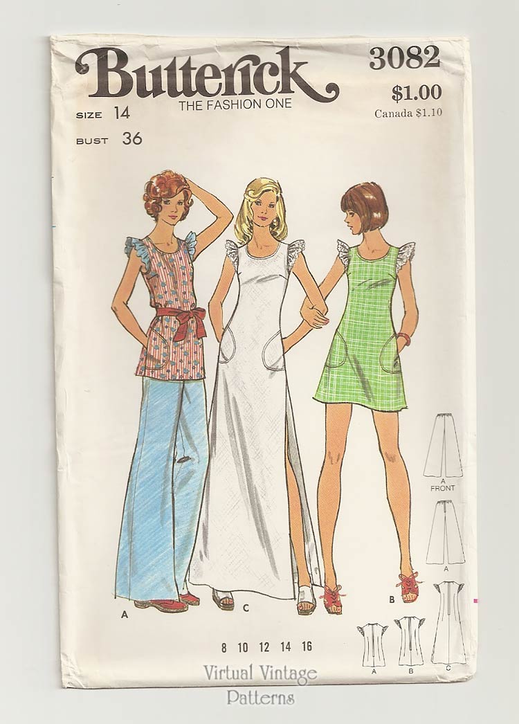 70s Boho Babydoll Dress Pattern, Butterick 3082, Long or Mini Dress, Tunic & Pants, Bust 36 Uncut