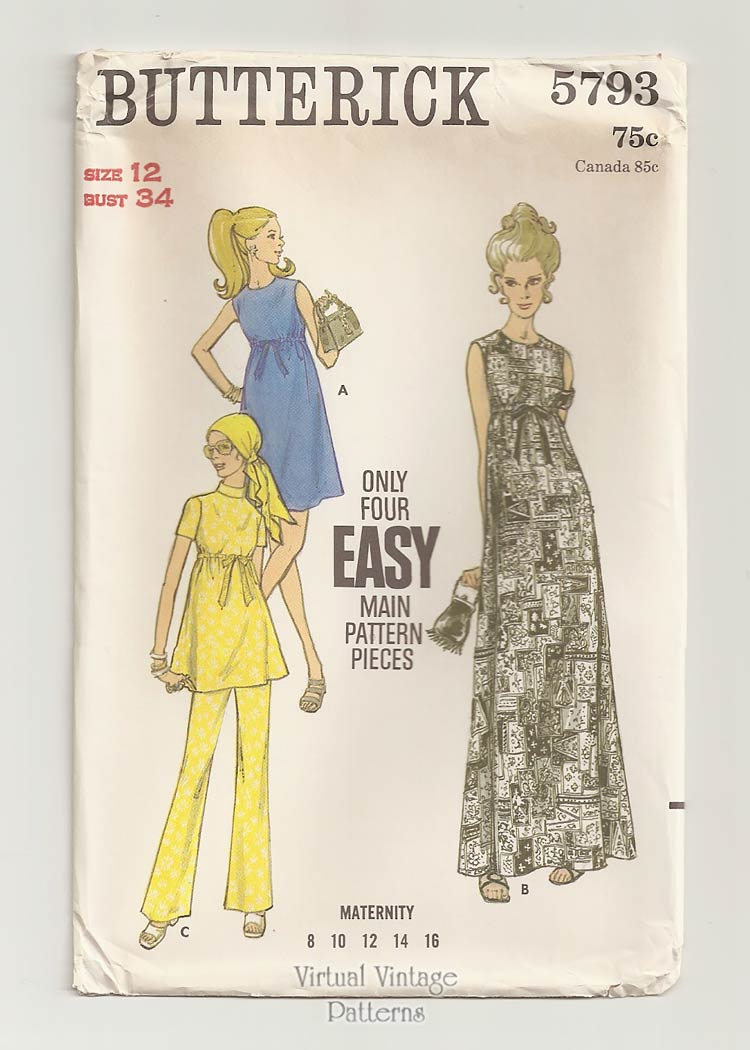 Empire Waist Maternity Dress Pattern, Butterick 5793, Vintage Maternity Clothes, Bust 34, Uncut