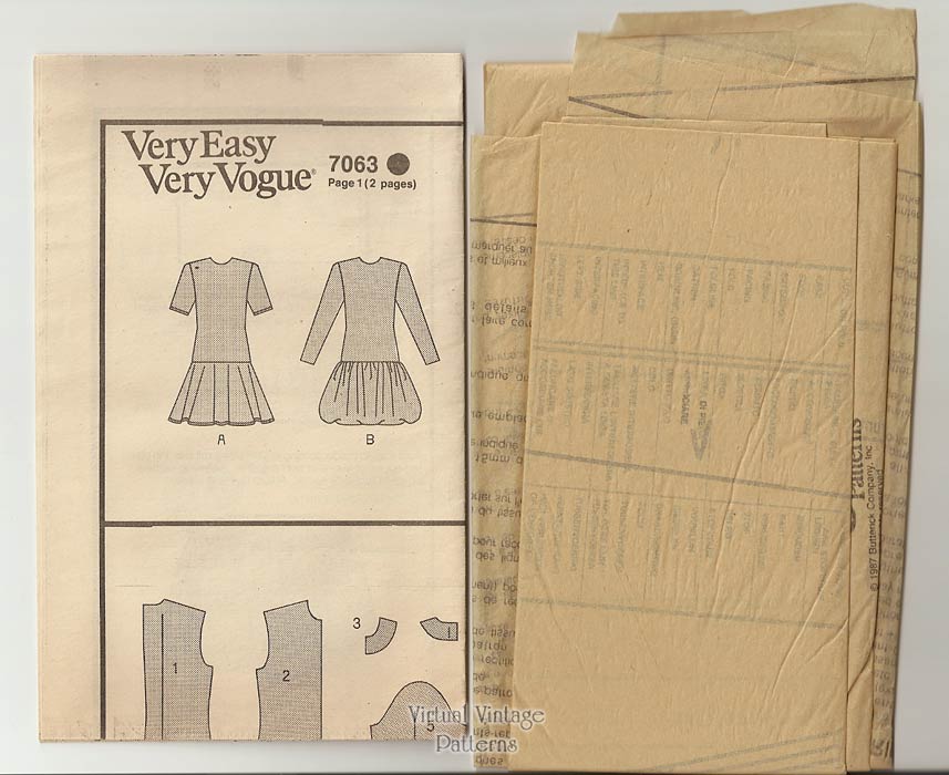 1980s Dress Pattern Very Easy Vogue 7063 Fit & Flare Drop Waist Dress, Uncut