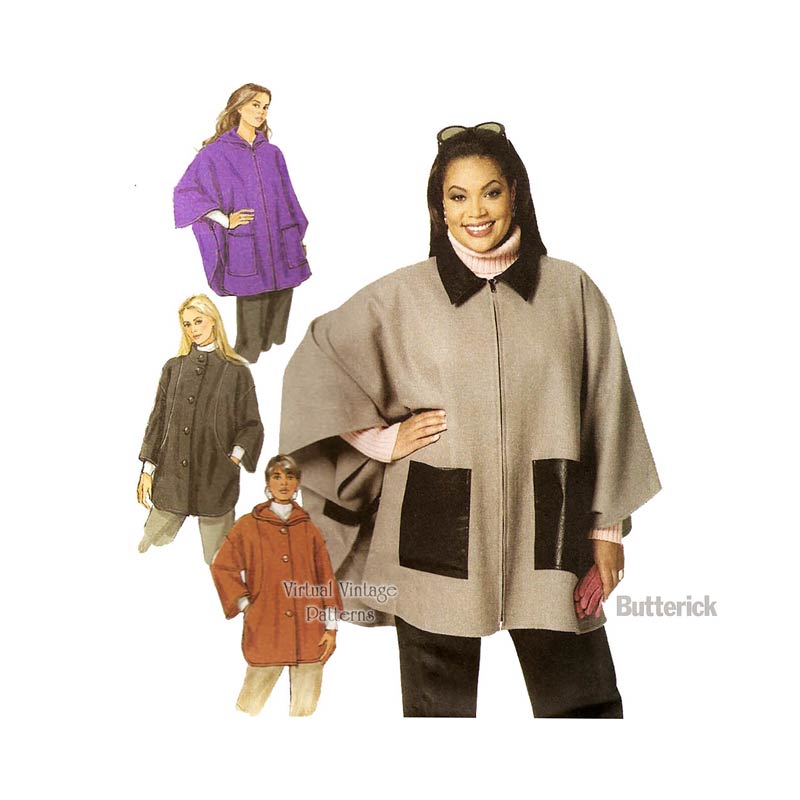 Plus Size Hooded Cape Pattern Butterick B5691, Easy Sewing Jacket or Cape Size 18W to 24W Uncut
