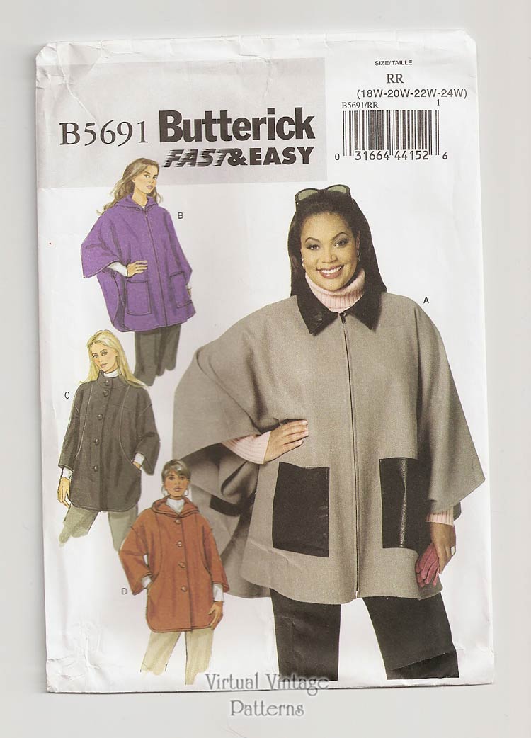 Plus Size Hooded Cape Pattern Butterick B5691, Easy Sewing Jacket or Cape Size 18W to 24W Uncut