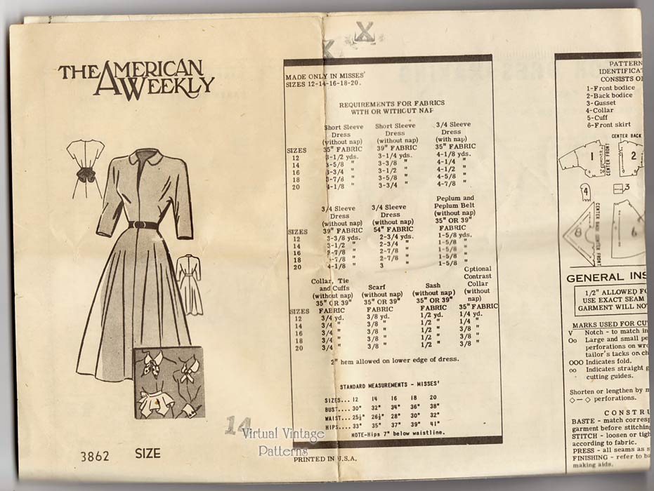 40s Dress Pattern American Weekly 3862, Vintage Sewing Pattern