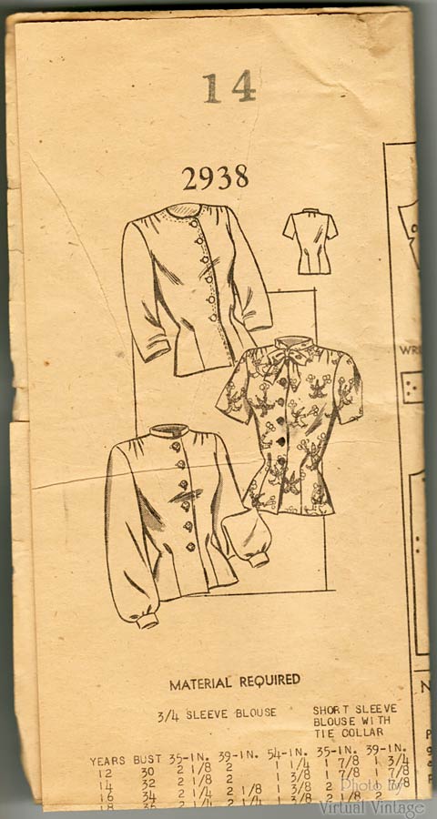 1940s Blouse Sewing Pattern, Mail Order 2938, Button Front Fitted Overblouse