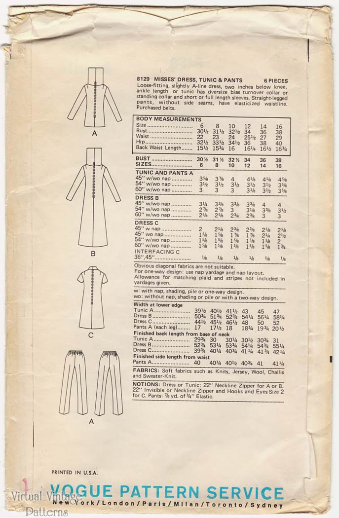 Vintage Cowl Neck Dress Pattern Vogue 8129, Tunic & Pants or Dress