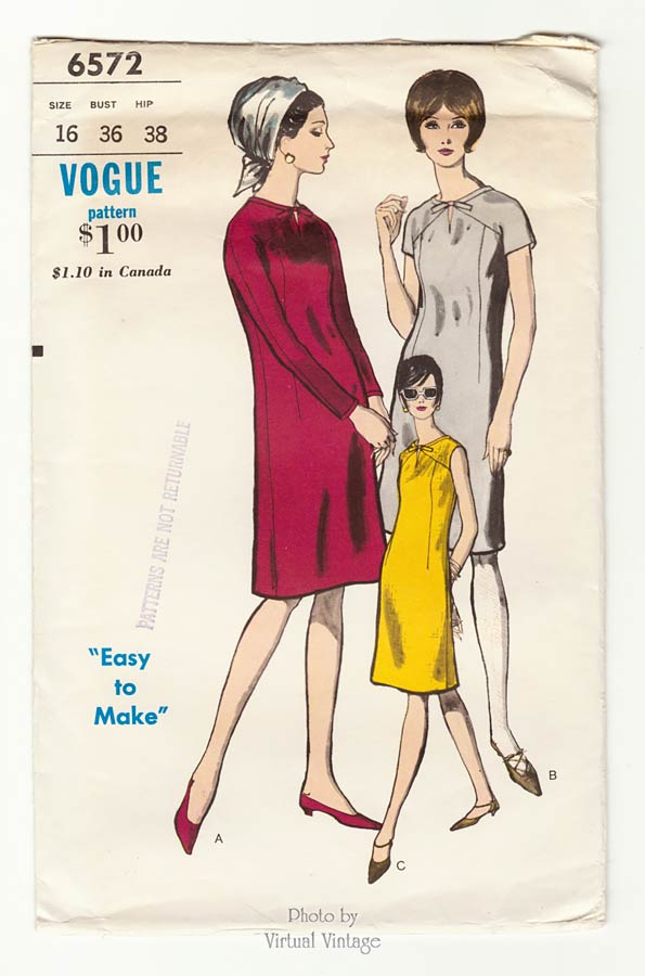 1960s Mod Shift Dress Pattern, Vogue 6572, Easy Sewing Pattern, Bust 34, Uncut