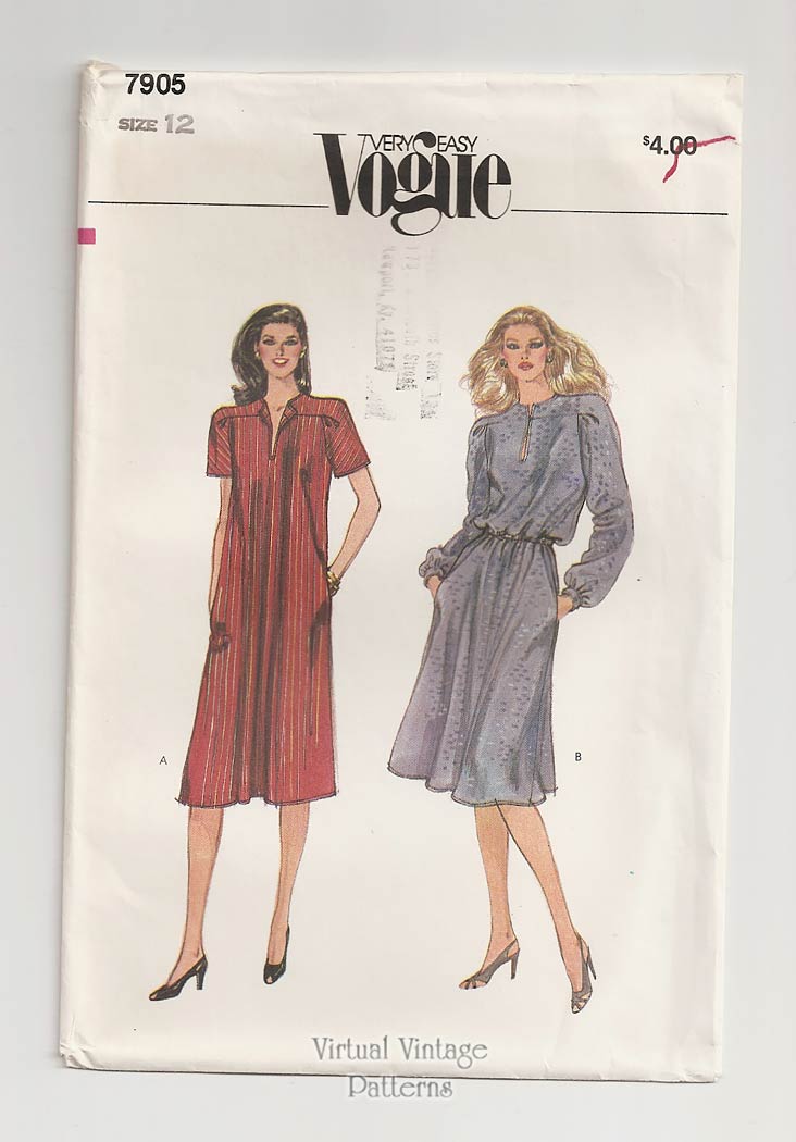 Pullover Shirt Dress Pattern, Very Easy Vogue 7905, Bust 34, Uncut