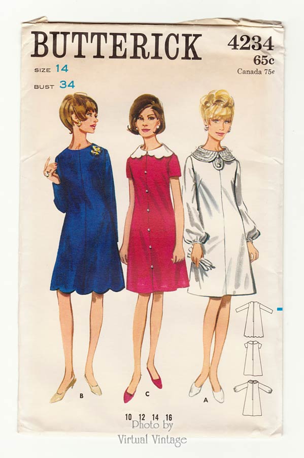 60s Scalloped Dress Pattern, Butterick 4234, 1960s Tent Dress, Bust 34, Uncut
