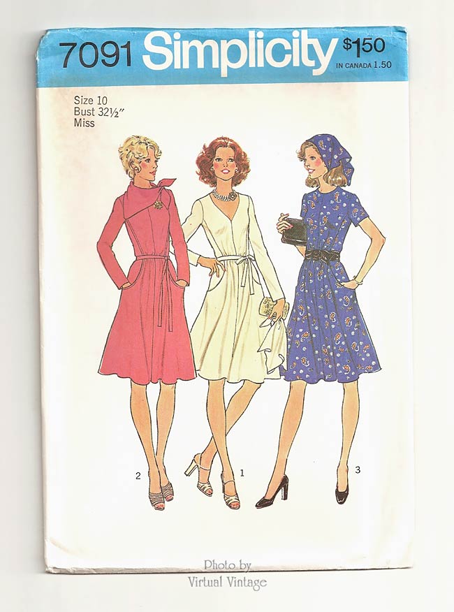 Vintage Fit & Flare Dress Pattern, Simplicity 7091, 1970s Dress Sewing Pattern, Uncut