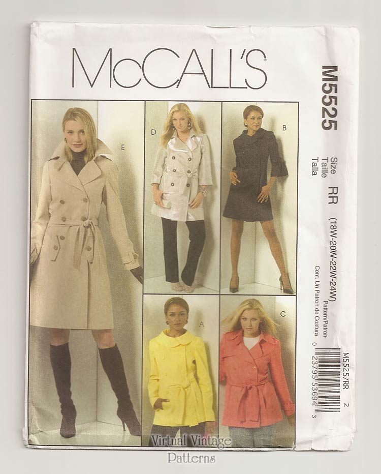 Womens Trench Coat Sewing Pattern, McCalls 5525, Lined Jackets & Coats, Plus Size