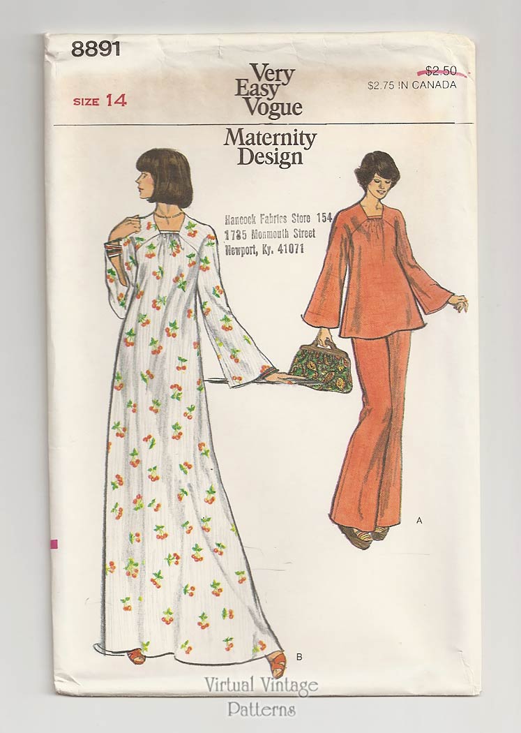 Maternity Caftan Dress Pattern, Vogue 8891, Dress, Tunic, Pants, Bust 36, Uncut