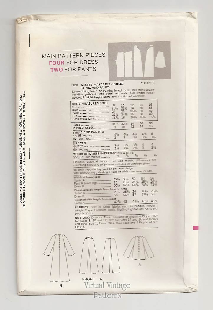 Maternity Caftan Dress Pattern, Vogue 8891, Dress, Tunic, Pants, Bust 36, Uncut