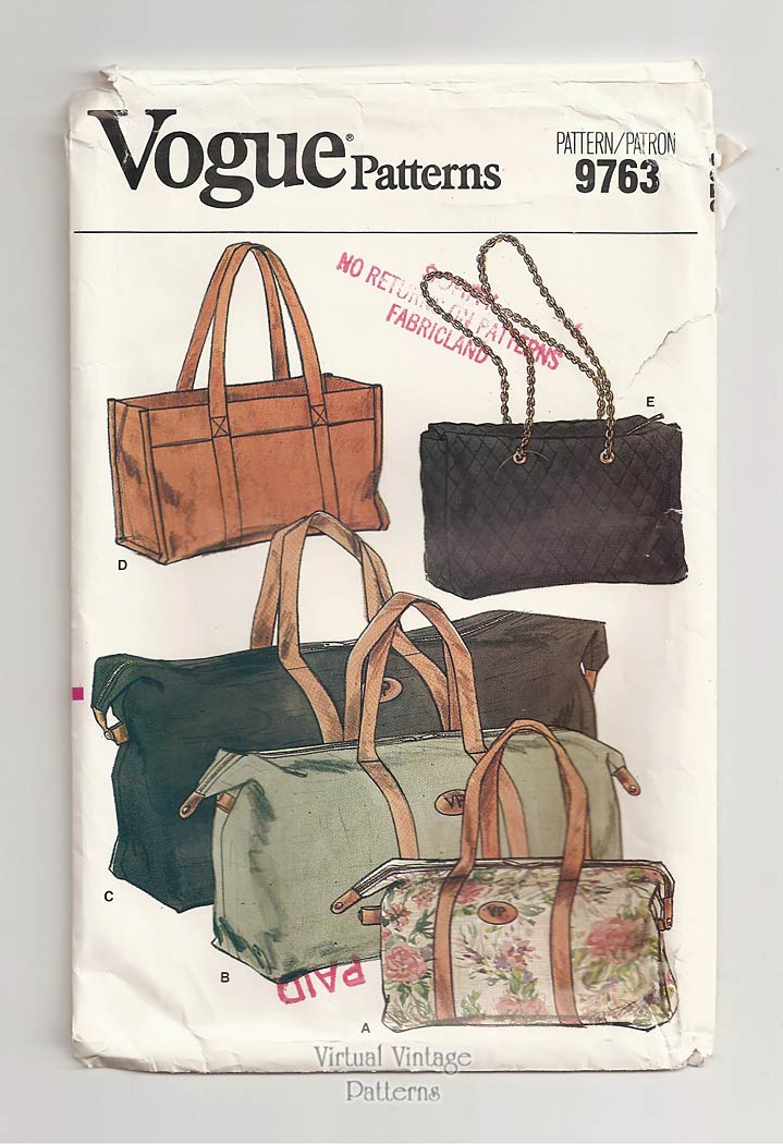 Vogue 9763 Handbag Pattern, Duffle Bags, Tote Bag Sewing Pattern