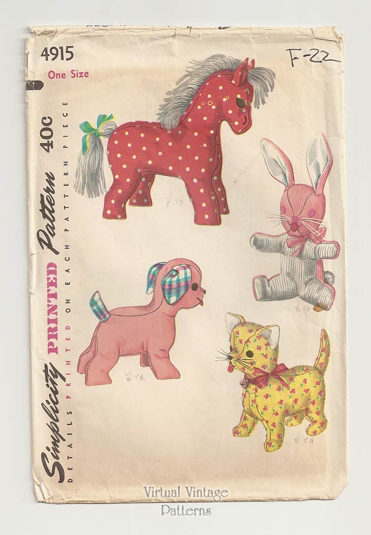 Stuffed Animal Sewing Patterns, Simplicity 4915, Horse, Rabbit, Dog, Cat, Uncut