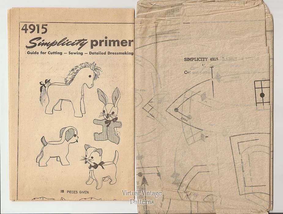 Stuffed Animal Sewing Patterns, Simplicity 4915, Horse, Rabbit, Dog, Cat, Uncut