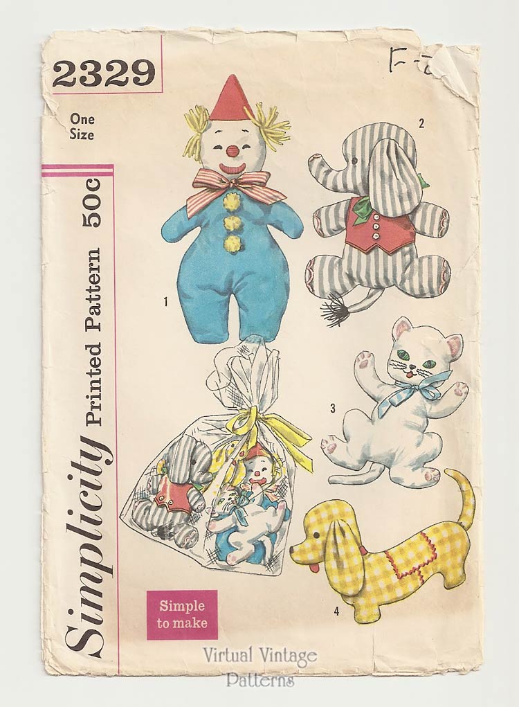 Vintage Stuffed Toy Sewing Pattern, Simplicity 2329, Clown, Elephant, Dog & Cat