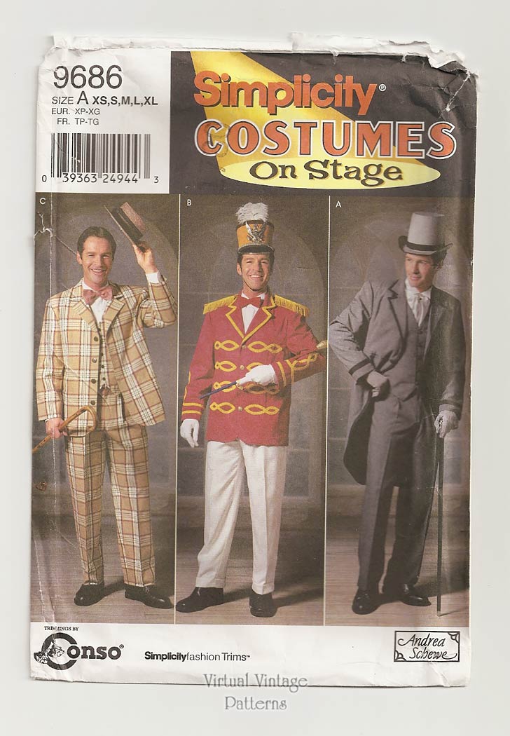 Simplicity 9686, Mens Stage Costume Pattern, XS to XL, Uncut