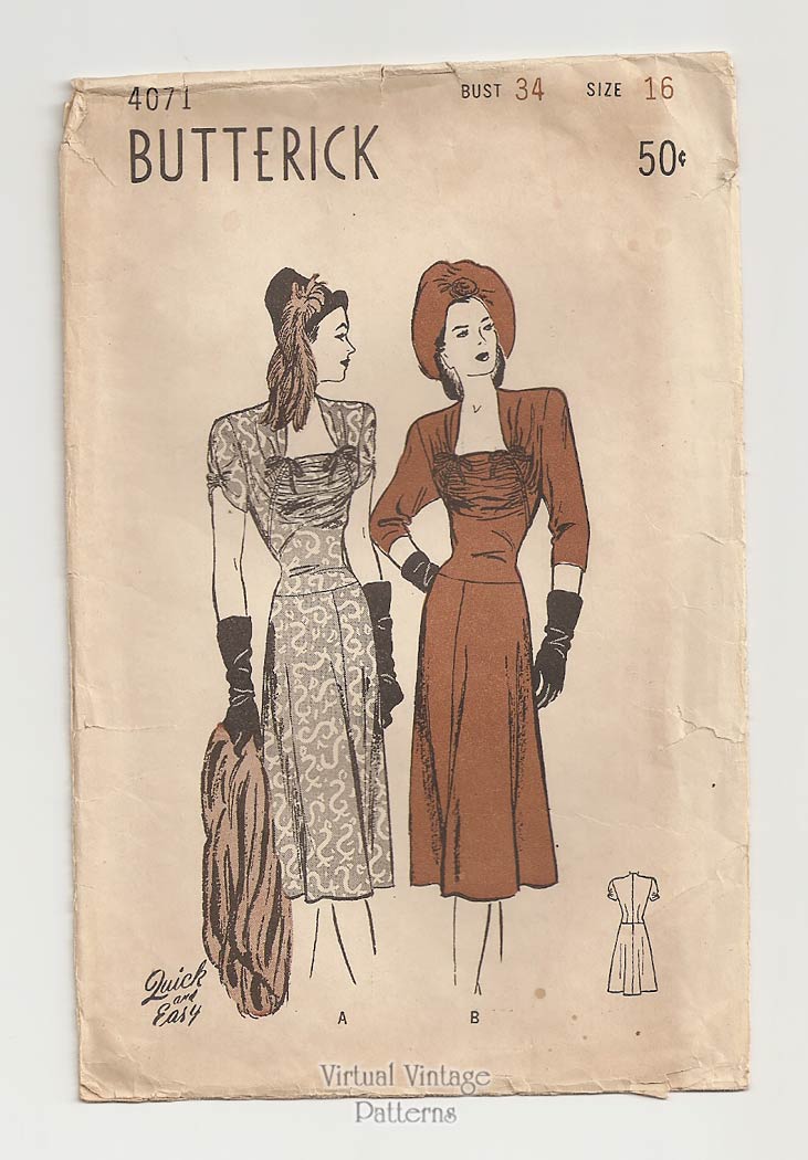 1940s Dress Sewing Pattern, Butterick 4071, Easy, Bust 34
