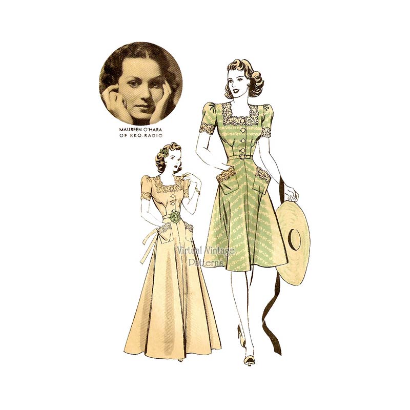 Maureen O'Hara Hollywood Pattern 434, 1940s Wedding Dress Sewing Pattern