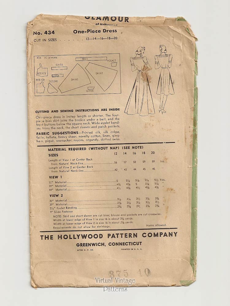 Maureen O'Hara Hollywood Pattern 434, 1940s Wedding Dress Sewing Pattern
