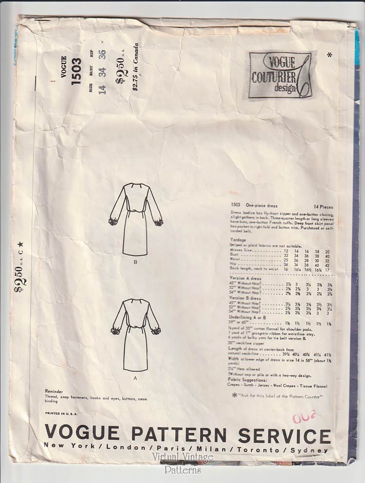 Vogue Couturier 1503, 1960s Dress Pattern by Ronald Paterson, Bust 34