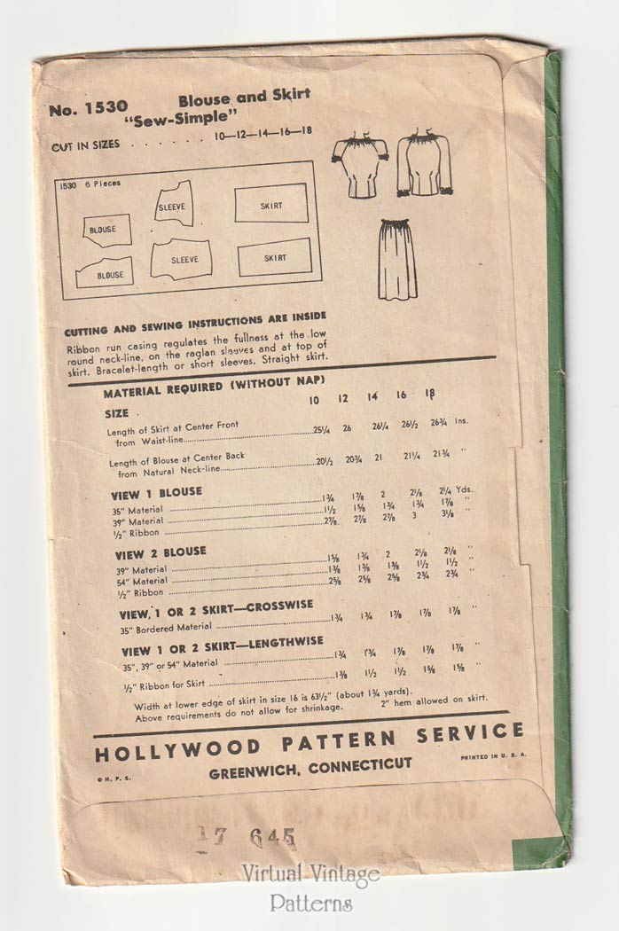 1940s Peasant Blouse & Skirt Pattern, Hollywood 1530, Easy Sewing