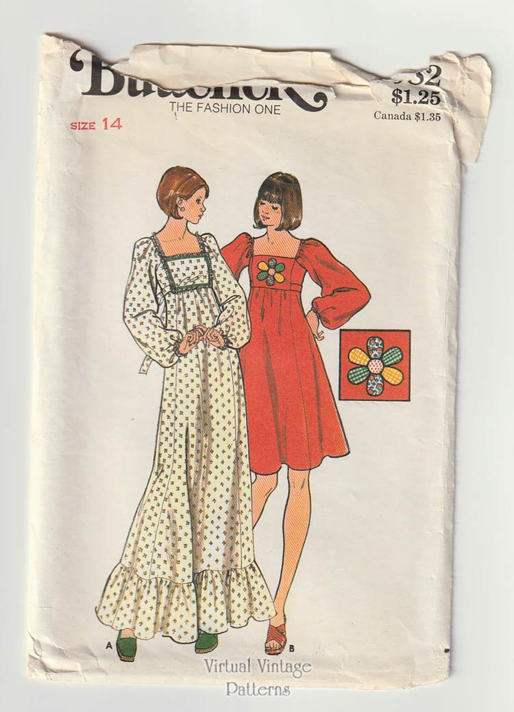 70s Boho Dress Pattern, Butterick 3982, Bust 36, Uncut