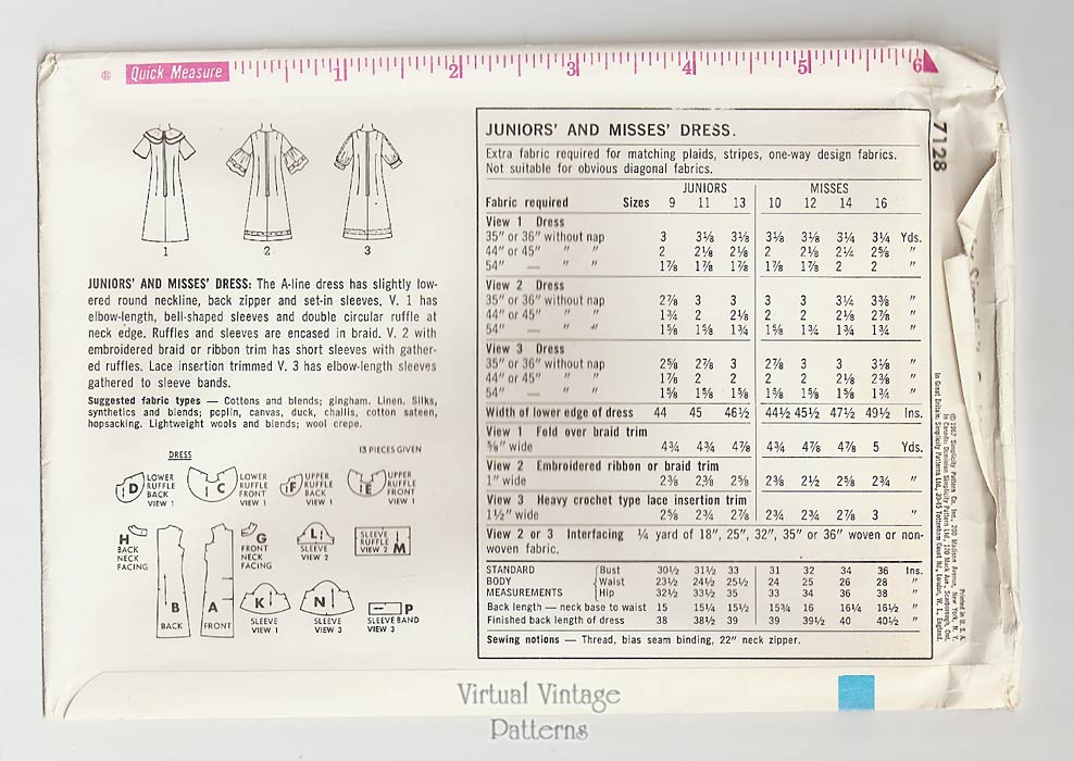 Bell Sleeve A Line Dress Pattern, Simplicity 7128, Uncut