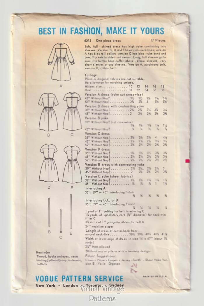 60s Full Skirt A-line Dress Pattern, Vogue 6513, Bust 34, Uncut