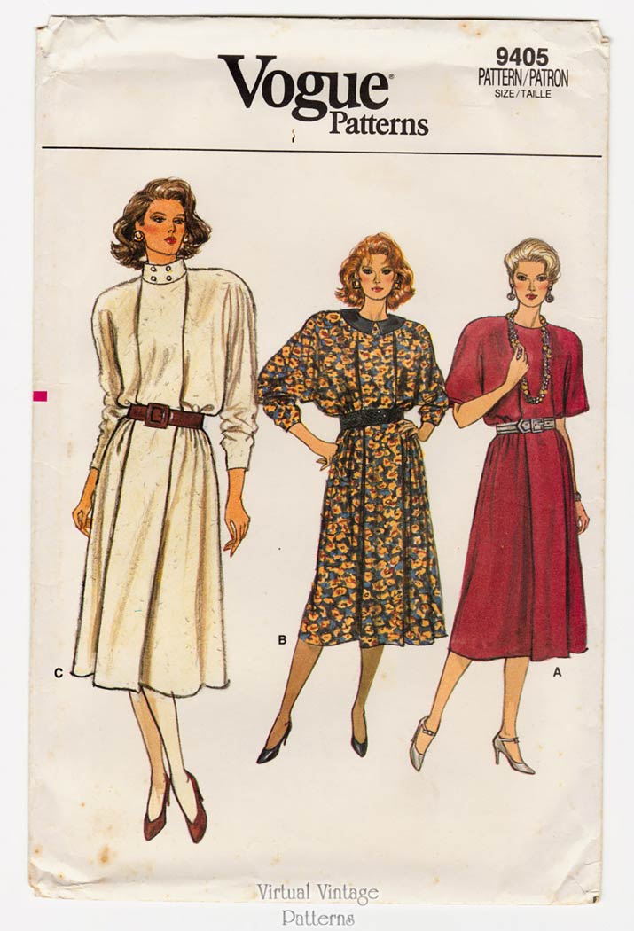 1980s Dolman Sleeve Midi Dress Pattern, Vogue 9405, Sizes 8 10 12, Uncut