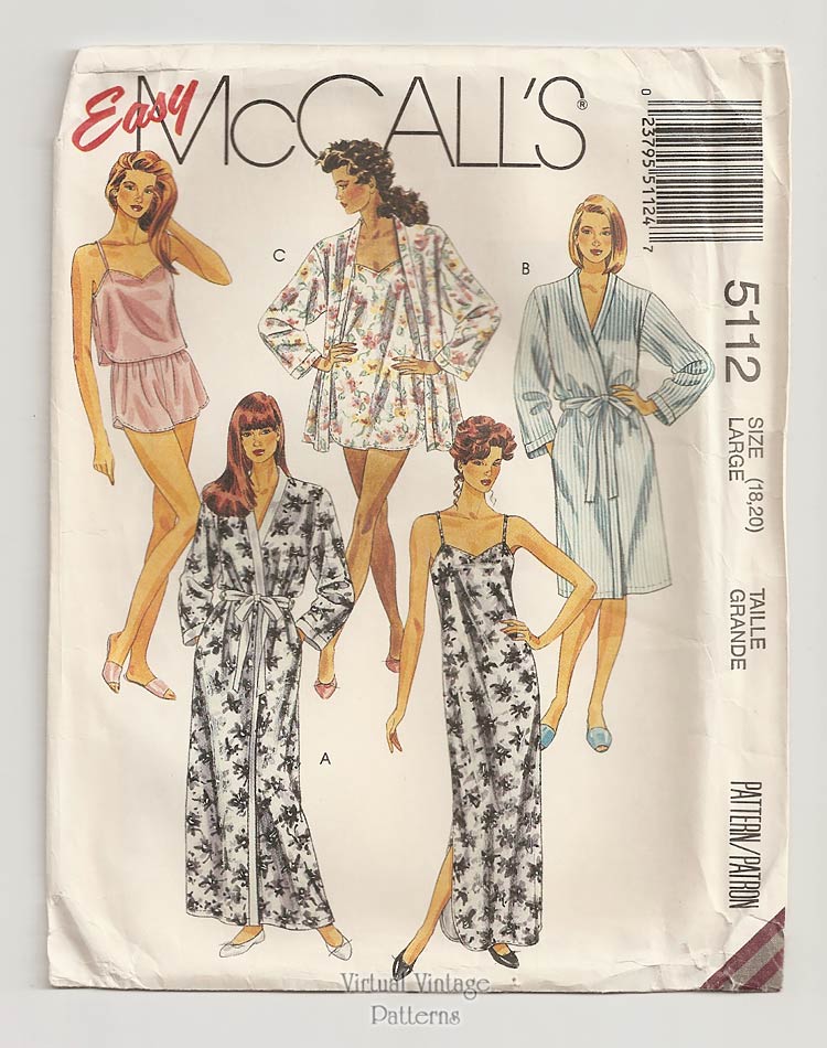 Womens Sleepwear Pattern, McCalls 5112, Robe, Nightgown, Camisole, Bust 40-42, UC