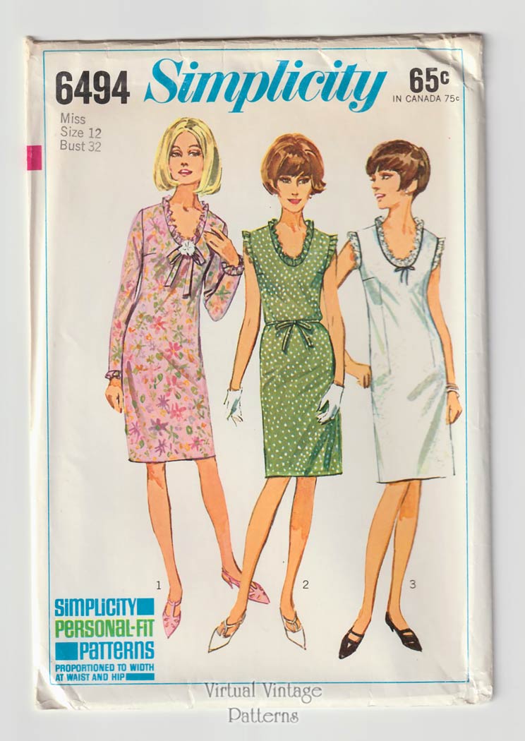 1960s Scoop Neck Dress Pattern, Simplicity 6494, Uncut