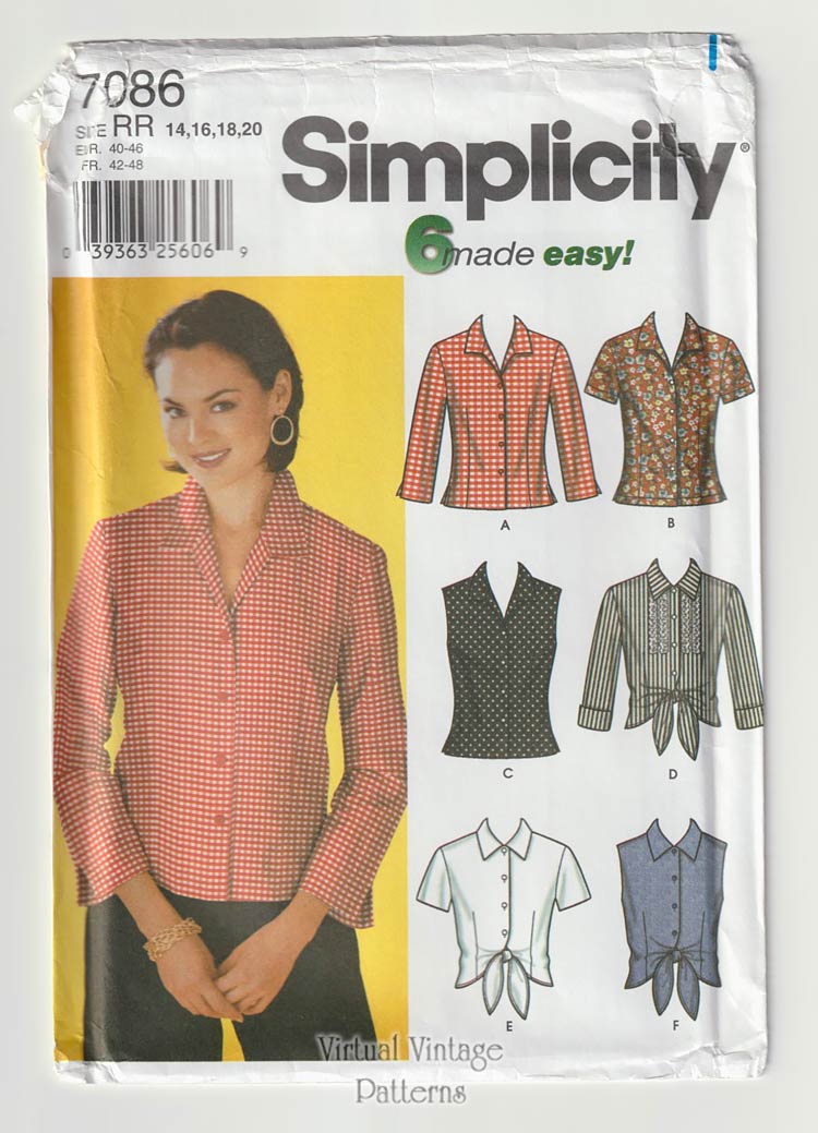 Womens Button Down Shirt Pattern, Simplicity 7086, 14 to 20, Uncut